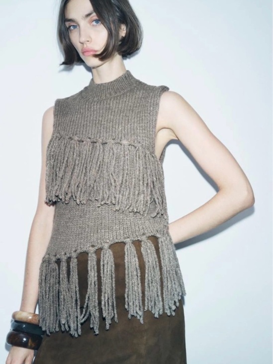 Zara Sweaters - Zara Eclectic Boho Taupe Brown Fringed Sleeveless crewneck Knit Top Vest, M
